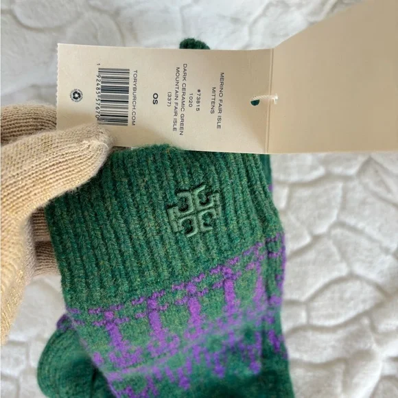 Tory Burch Merino Fair Isle Collection Scarf, Mittens & Hat Dark Ceramic Green - Picture 16 of 16
